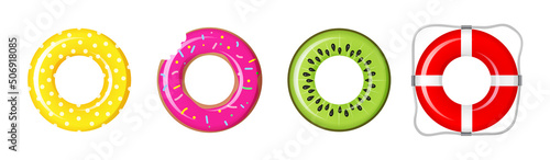 Swim rings set for summer party. Inflatable rubber toy colorful collection. Top view swimming circle for ocean, sea, pool. Lifebyou swimming rings. Summer vacation or trip safety. Kiwi