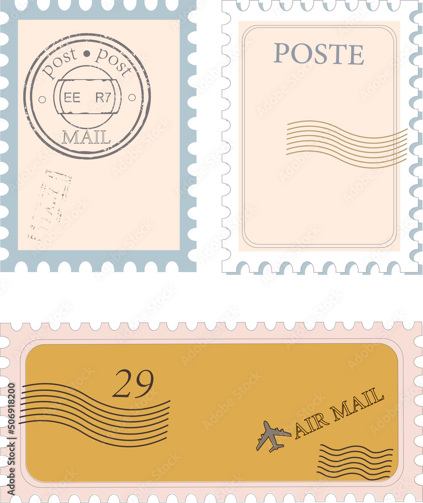 Postal stamps templete set. Post office stamp. Air post stamp. Stock