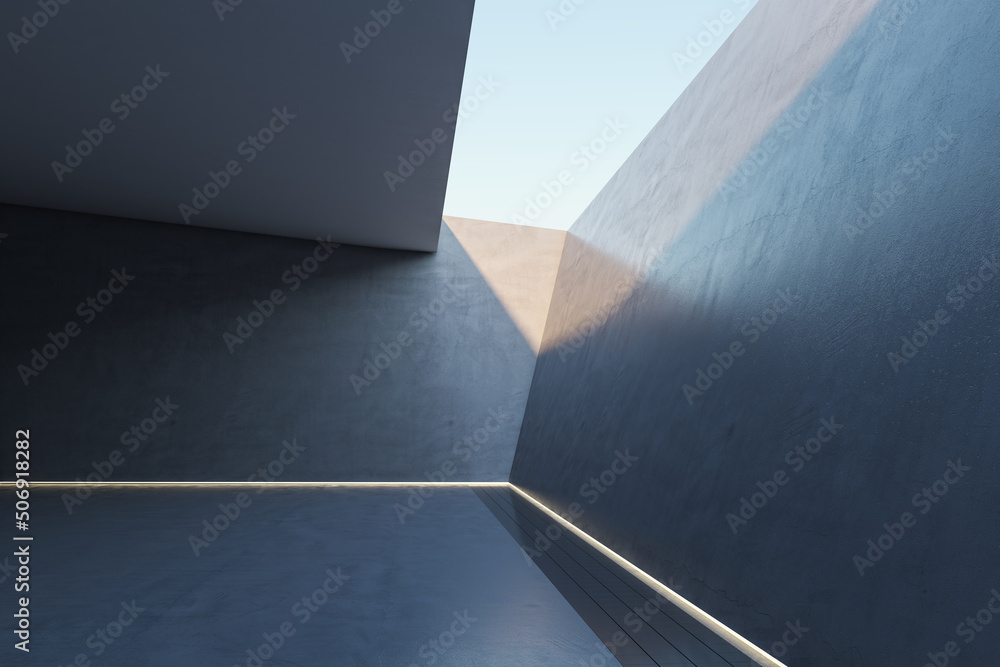 Obraz premium Side view on futuristic design concrete area with illuminated line around the perimeter of floor and sunlight from top for car or your company product presentation. 3D rendering, mockup