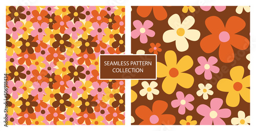 Set of brown seamless patterns with pink and orange daisy flowers. Two groovy retro vector background. Decorative hippy vintage floral wallpaper in autumn mood.