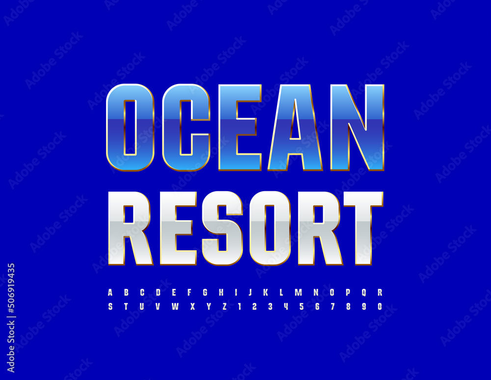 Vector luxury banner Ocean Resort. Elegant White and Gold Font. Chic Alphabet Letters and Numbers set