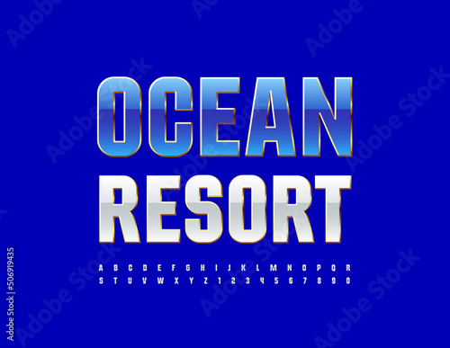 Vector luxury banner Ocean Resort. Elegant White and Gold Font. Chic Alphabet Letters and Numbers set
