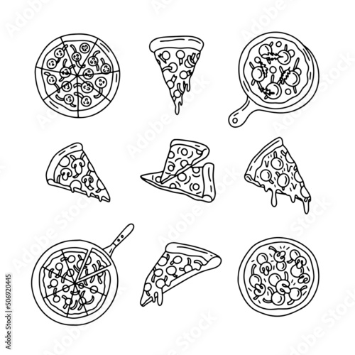 Outline drawing pizza slices, whole pizza. Vector line simple Doodle style