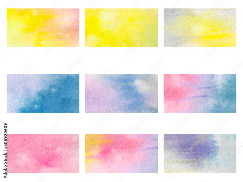 Textured watercolor swatches. Set of backgrounds for invitation, greeting card, wedding, design element. Rainbow colors. Yellow, pink, blue and violet watercolor drops.