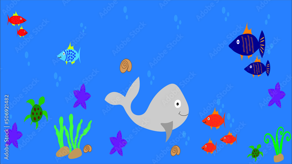  Ocean animals wall art vector wallpaper, with underwater life. Starfish, fish, turtles, corals. For room decoration, print, cover, wallpaper.