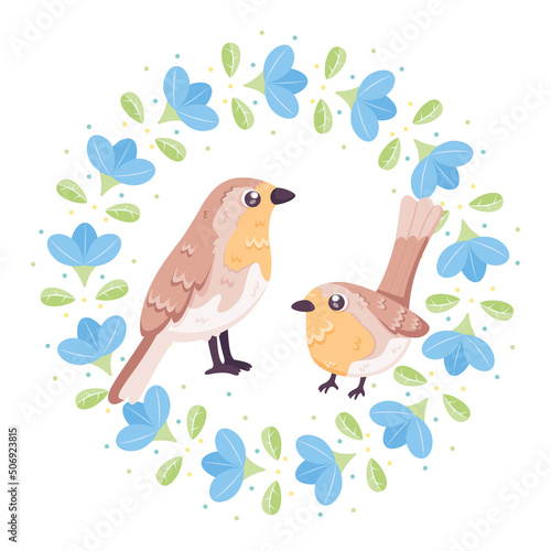 Isolated cute birds in a floral frame Vector illustration