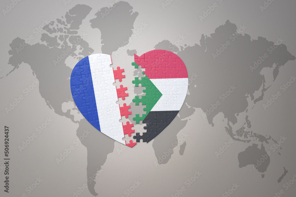 puzzle heart with the national flag of france and sudan on a world map background. Concept. puzzle heart with the national flag of france and sudan on a world map background. Concept.