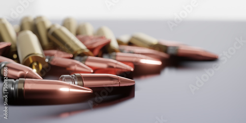 3D Rendering, realistic mock up of bullets. Rifle bullets close-up. Cartridges for rifle and carbine