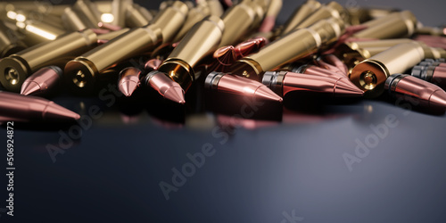 3D Rendering, realistic mock up of bullets. Rifle bullets close-up. Cartridges for rifle and carbine