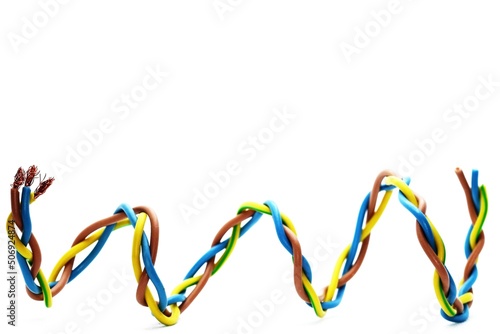 Wires used in European Single-phase electric wiring. The blue is neutral, brown is single-phase and yellow-green is the ground wire. 