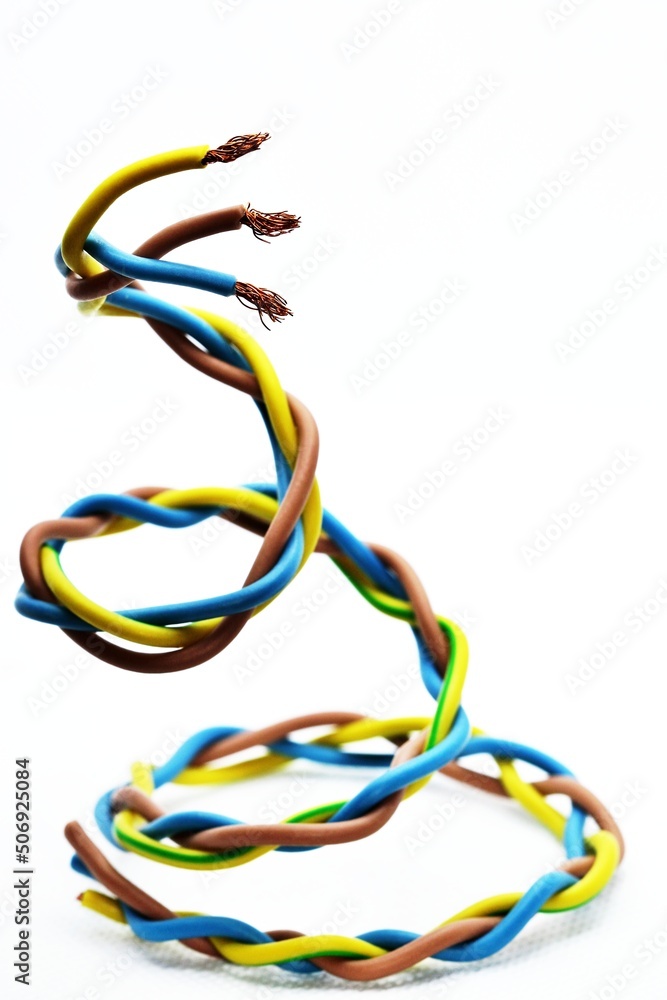 Wires used in European Single-phase electric wiring. The blue is neutral, brown is single-phase and yellow-green is the ground wire. Wires used in European Single-phase electric wiring. The blue is neutral, brown is single-phase and yellow-green is the ground wire.
