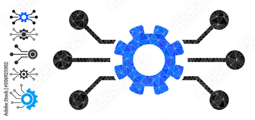 Vector low-poly circuit gear icon illustration is designed with randomized filled triangle parts. Triangle circuit gear polygonal 2d vector illustration.