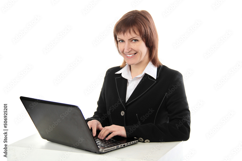 Happy woman using laptop isolated on white background Happy woman using laptop isolated on white background