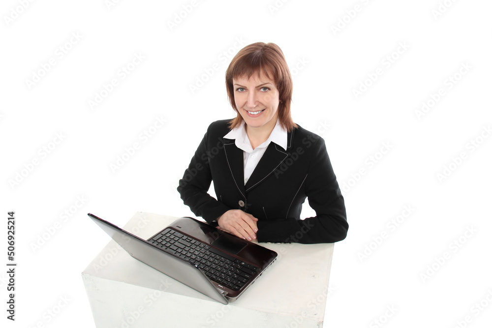 Happy woman using laptop isolated on white background Happy woman using laptop isolated on white background