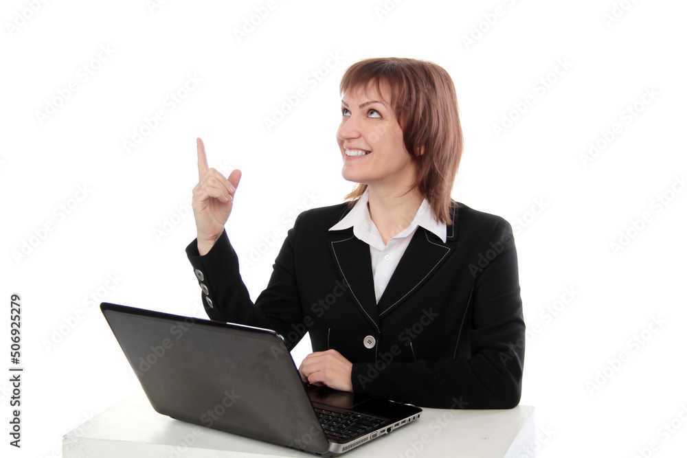 Happy woman using laptop and showing copy-space for product or advertisement text isolated on white background Happy woman using laptop and showing copy-space for product or advertisement text isolated on white background