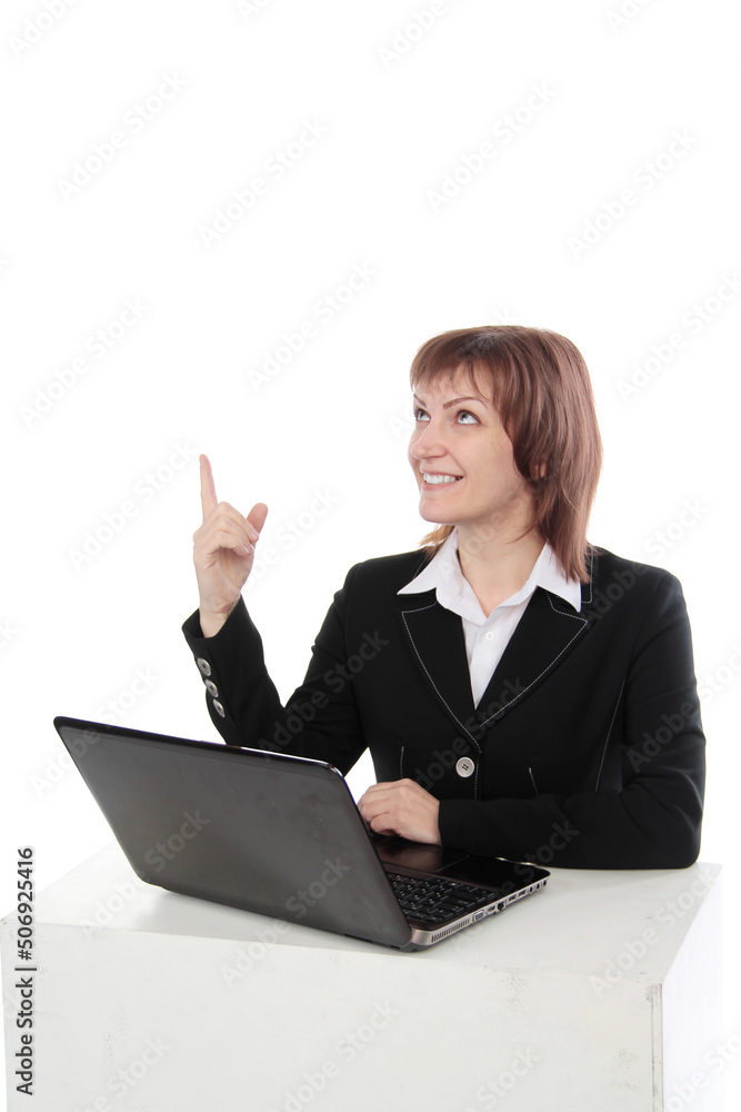 Happy woman using laptop and showing copy-space for product or advertisement text isolated on white background Happy woman using laptop and showing copy-space for product or advertisement text isolated on white background