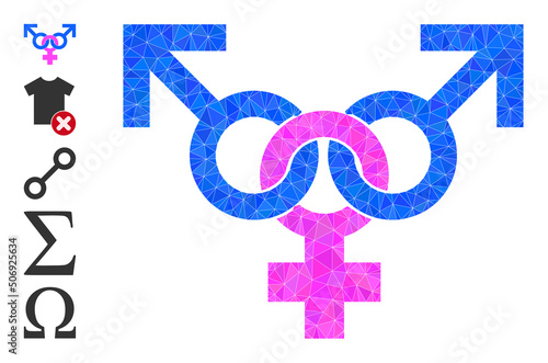 Vector low-poly promiscuity symbol icon illustration combined with random filled triangle items. Triangle promiscuity symbol polygonal 2d vector illustration.