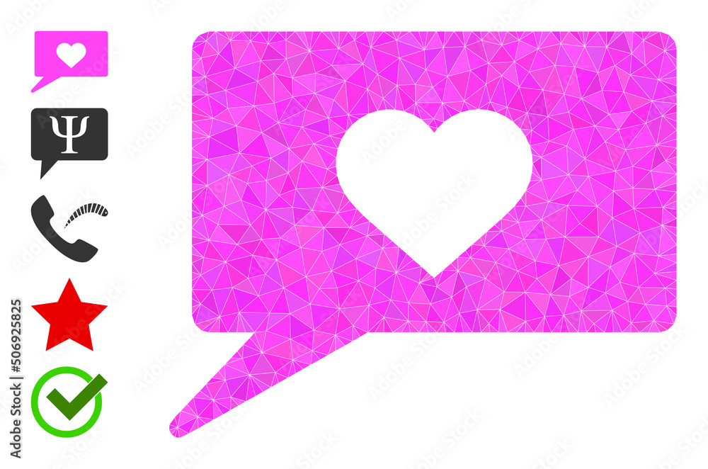 Vector lowpoly love talk icon image is designed with randomized filled triangles. Triangle love talk polygonal symbol vector illustration. Flat geometric polygonal symbol based on love talk icon. Vector lowpoly love talk icon image is designed with randomized filled triangles. Triangle love talk polygonal symbol vector illustration. Flat geometric polygonal symbol based on love talk icon.