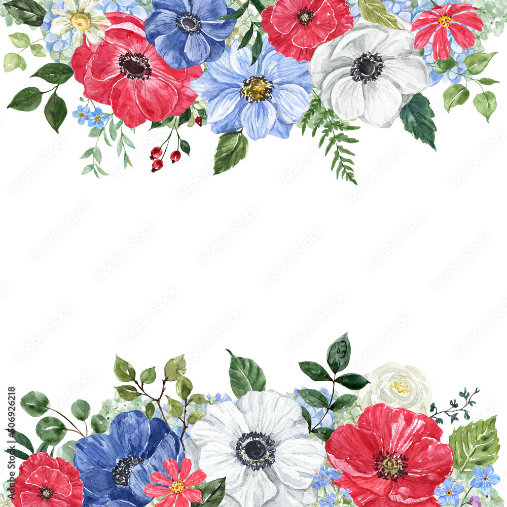 Square floral frame with red, white, and blue flowers. Watercolor