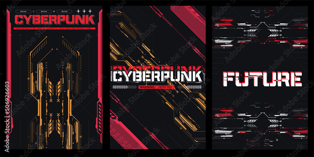 Cyberpunk retro futuristic poster set abstract cosmic shapes. Digital technology design elements hud style. Game design, futuristic text. Futuristic background design for games. Vector illustration - obrazy, fototapety, plakaty 