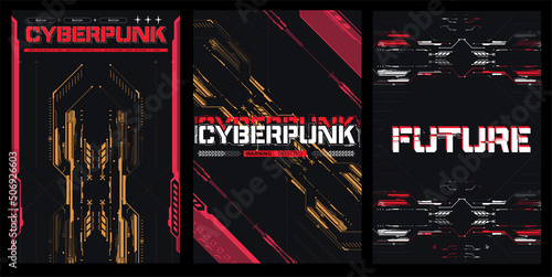 Cyberpunk retro futuristic poster set abstract cosmic shapes. Digital technology design elements hud style. Game design, futuristic text. Futuristic background design for games. Vector illustration