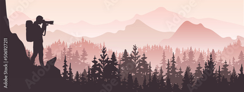 Photographer stands on top of rock take picture of landscape. Mountains and forest in background. Silhouette illustration. 
