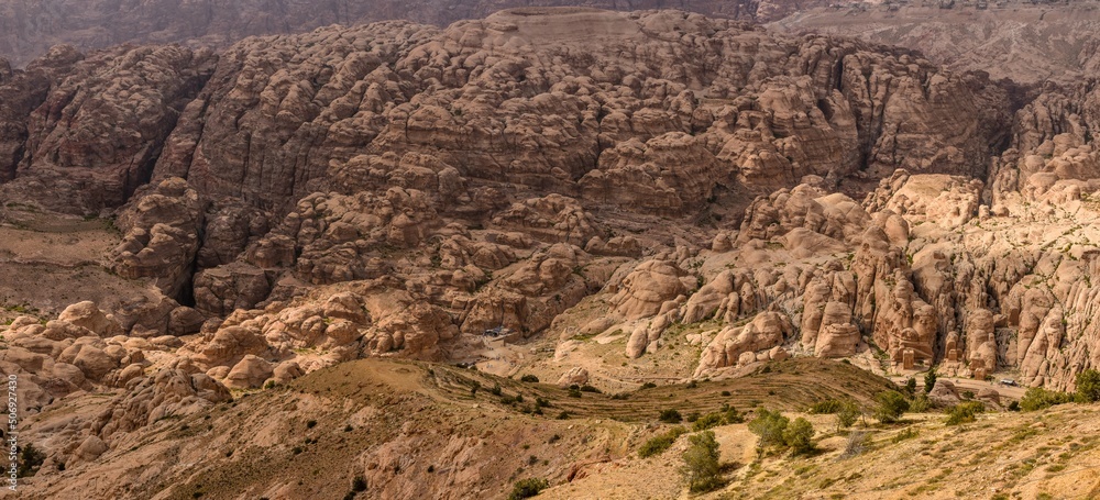 Panoramic aerial view over the Al Siq Canyon in Jordan