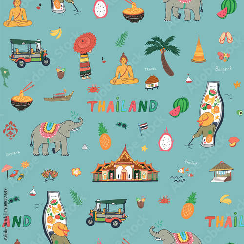 Thailand travel vector seamless pattern