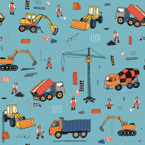 Building : construction crane truck concrete mixer builders vector seamless pattern