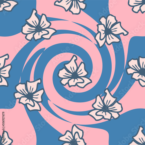 Hippie aesthetic floral swirl dizzy pattern with flowers. Giddy print in 1970s style for T-shirt, textile and fabric. Doodle vector illustration for decor and design.