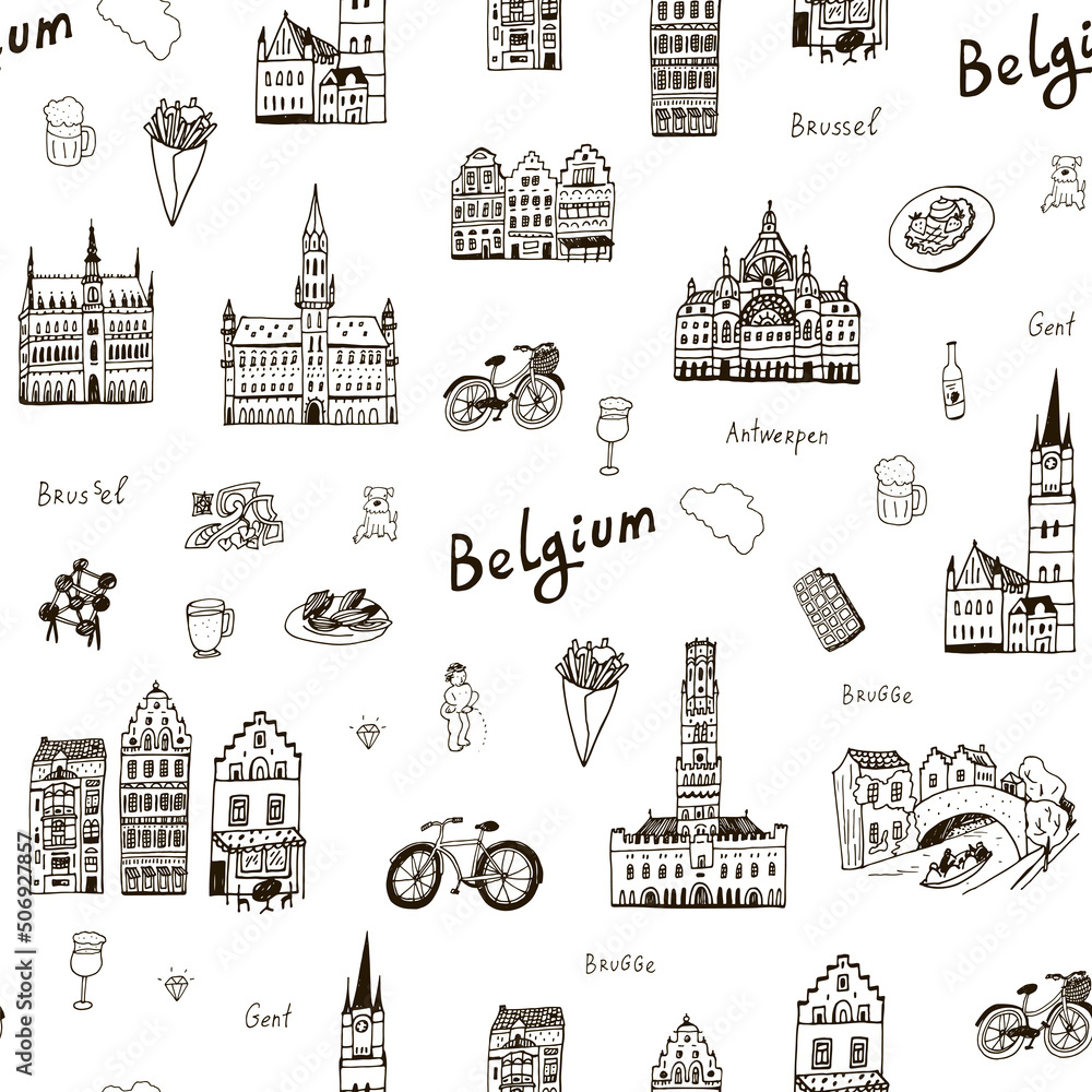 Fototapeta premium Belgium traveling vector seamless pattern