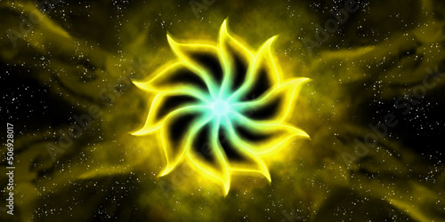 The minipura chakra is yellow in a black starry sky.
