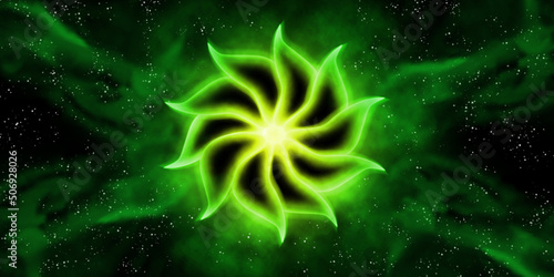 Anahata chakra is green in the black starry sky.