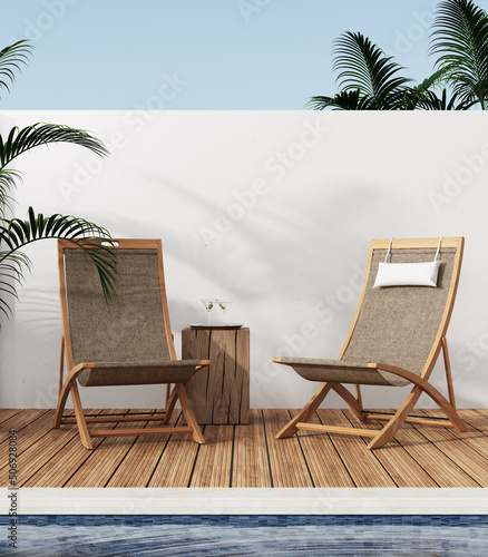 Mexican style terrace with lounge chair, swimming pool, cocktail margarita and palm , summer concept, 3d rendering