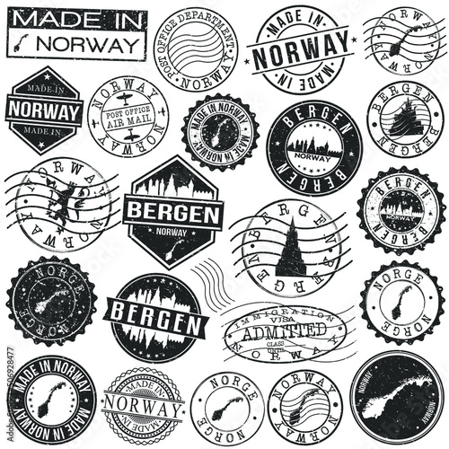 Bergen Norway Set of Stamp. Vector Art Postal Passport Travel Design. Travel and Business Seals.