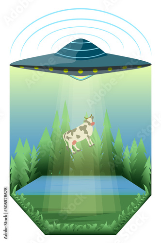 UFO kidnapping cow in the day. Funny vector illustration.