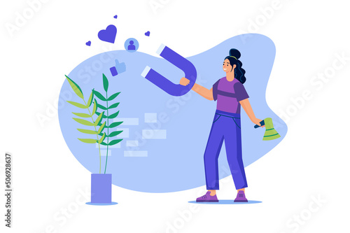 Marketing web concept in flat design. Happy woman holds huge magnet and attracts new customers, collects likes and comments on social media posts, advertises and promotes business. Vector illustration