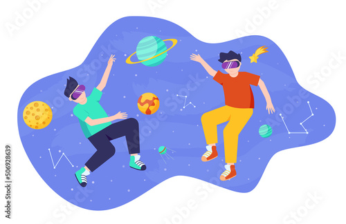Metaverse or Virtual reality technology concept. Man and man in digital glasses. Teenage gamer wearing VR headset playing game.