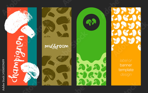 Vector banner template with mushrooms seamless pattern. Hand drawn mushroom ornament for packaging design. Label champignon, vegetable, vegan protein badge. Vegetarian food. Mushroom soup ingredients.