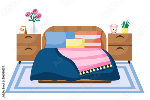 Cozy bedroom interior. Bed, pillows, bedside table and carpet isolated on white background. Vector flat illustration