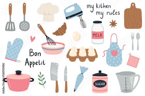 A set of hand-drawn kitchen tools. Cute cooking and baking elements. Hand-drawn vector illustration