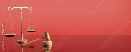 The scales of justice and the gavel of the judge as a concept of higher justice and justice, protection of human rights, freedom, punishment for offenses, lawyers and advocacy. 3d rendering