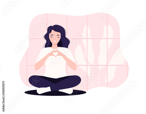 Vector illustration concept business woman practicing yoga and meditation in office. The girl sits in the lotus position, the thought process, the inception and the search for ideas. Time management