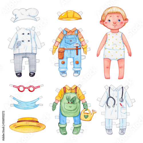 hand drawn paper doll play kit or set of little boy with professional work clothing isolated on white background. illustration, children leisure games and professions photo