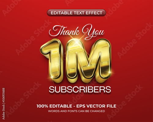 Realistic golden text effect. Editable 1m thank you subscribers text effect. 3d glossy graphic styles