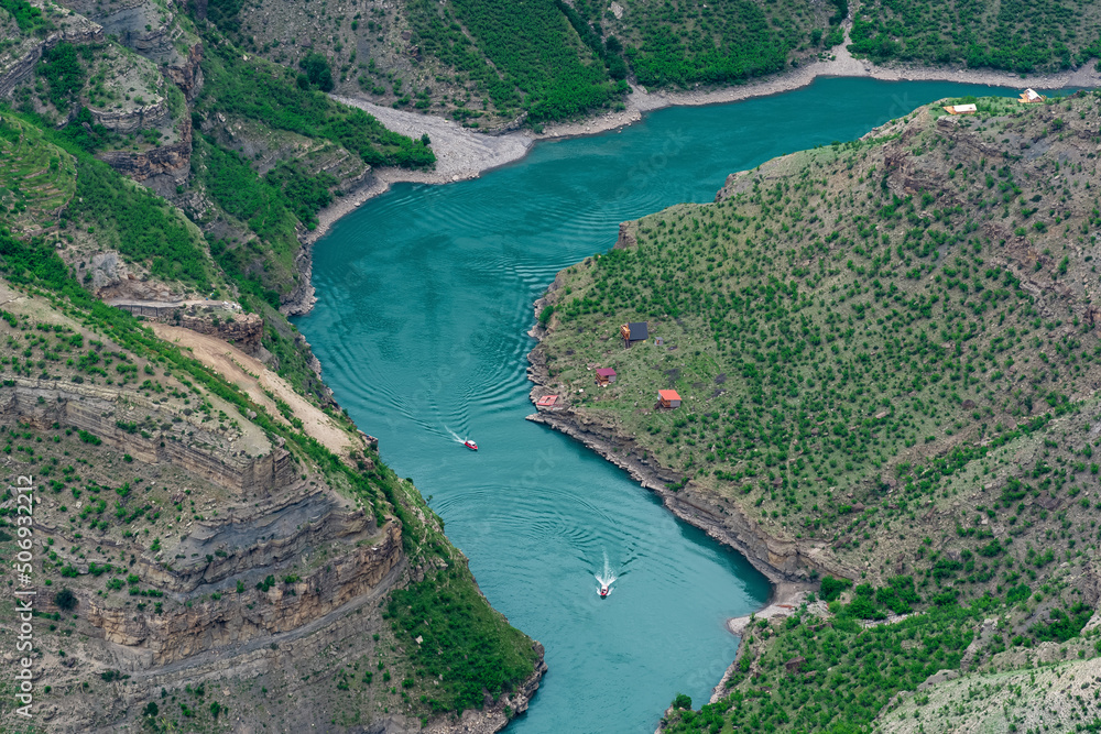 top view of the mountain river Sulak in Dagestan with a tourist boat base
