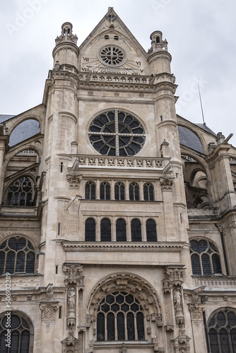 Architectural fragments of Paris Saint-Eustache church (Eglise Saint Eustache, 1532 - 1637). Saint-Eustache church located in Les Halles area of Paris. UNESCO World Heritage Site. Paris, France. © dbrnjhrj