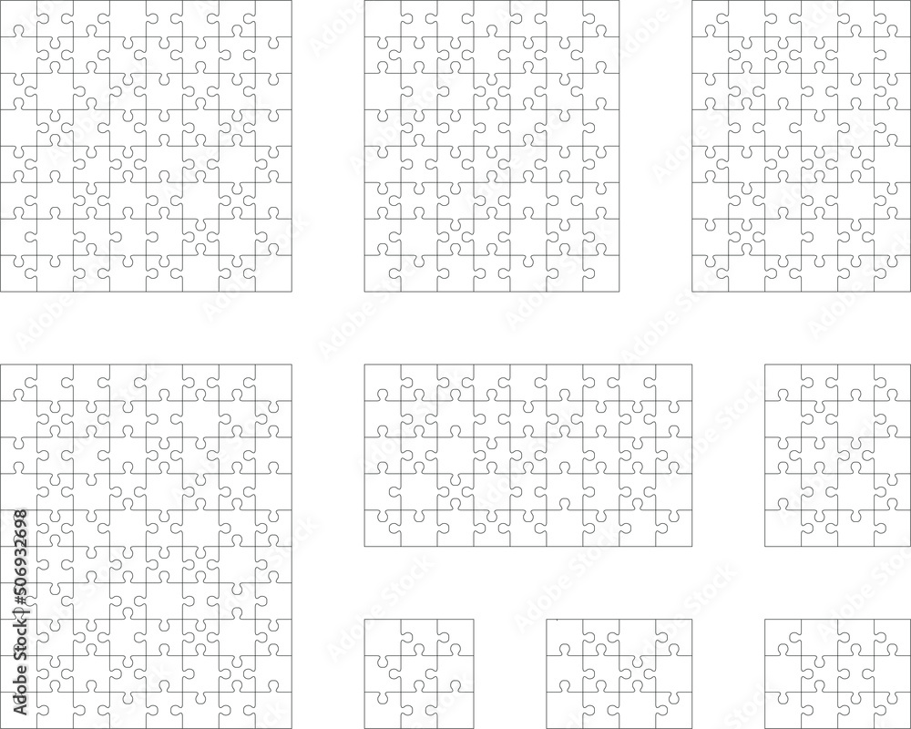 Illustration of nine white puzzles, separate pieces	