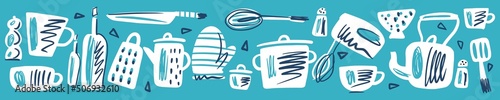 Illustration of a pattern with kitchen utensils drawn by hand. Scandinavian style