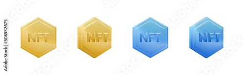 Set of gold and blue icons NFT non-fungible token coins isolated on white background. Vector illustration